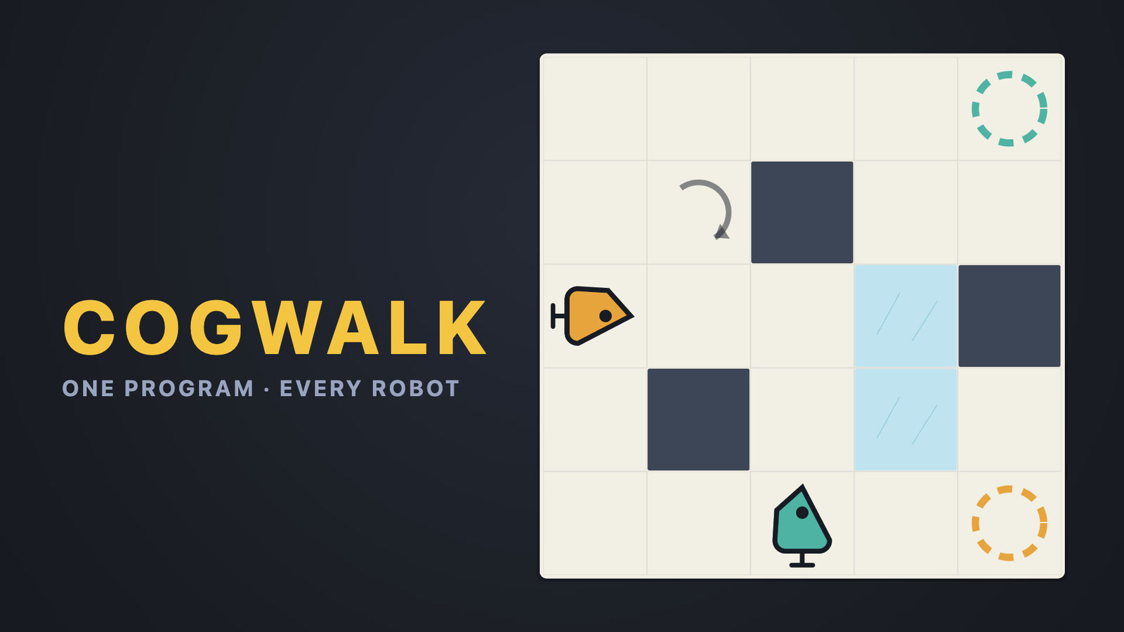 Two clockwork robots on a paper grid, one brass and one green, with walls, pale blue ice tiles and a dashed target ring for each